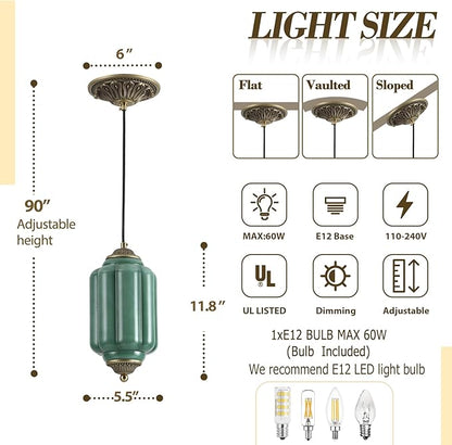 Vintage Milk Glass Pendant Light Antique Green Ceiling Light Fixture for Kitchen Island, Bedroom, Bedside, Dining Room, Hallway, Bulb Included
