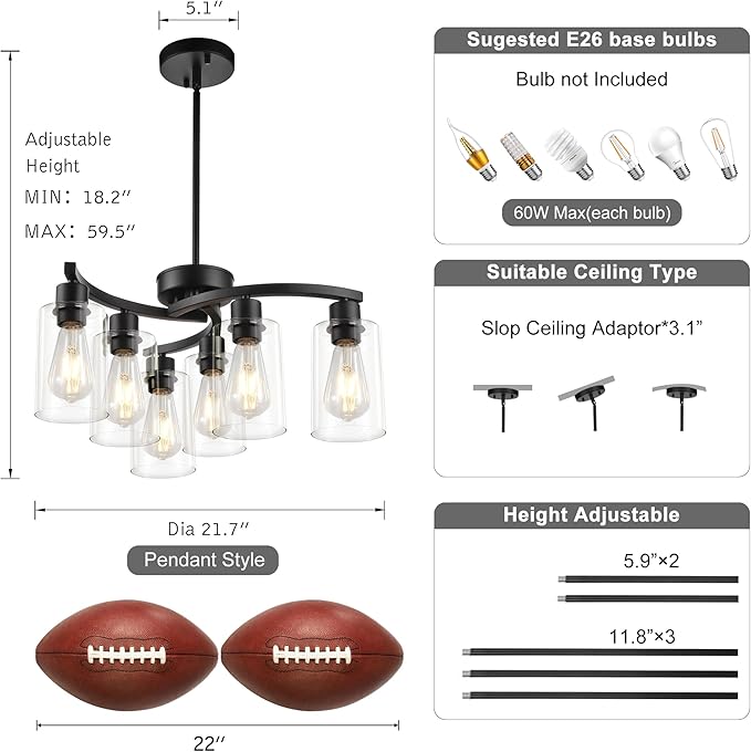 Sigaitwei 6 Light Modern Chandeliers for Dining Room,21.7" Black Hanging Light Fixture，Kitchen Pendant Lighting Over Island，Industrial Farmhouse Chandelier,Metal with Downward Clear Glass Shade