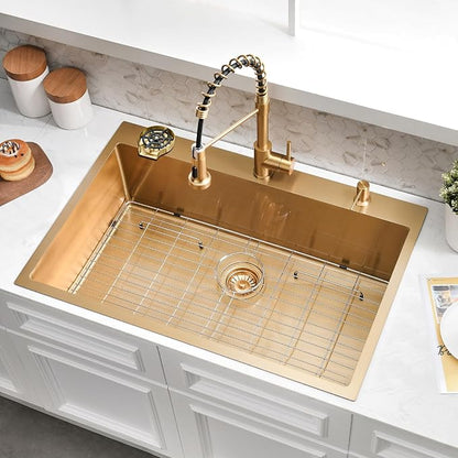 36×22 Drop In Kitchen Sink with Faucet Combo-Stainless Steel Gold Drop In Sink with Cup Washer, 9 Inch Deep Single Bowl Kitchen Sinks and Faucets Combo Set,Top Mount Design for Modern Kitchens