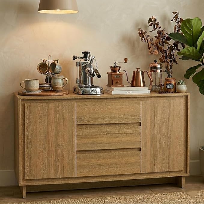 RoyalCraft Buffet Cabinet with Storage, Coffee Bar Cabinet with 3 Drawers and 2 Doors, Framed Edge Design, Modern Sideboard for Kitchen, Living Room and Dining Room, Natural