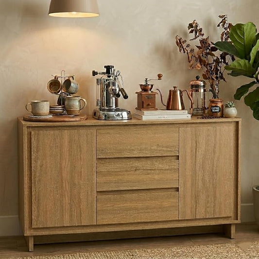 RoyalCraft Buffet Cabinet with Storage, Coffee Bar Cabinet with 3 Drawers and 2 Doors, Framed Edge Design, Modern Sideboard for Kitchen, Living Room and Dining Room, Natural