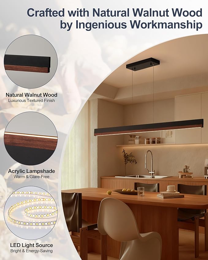 71" Wood Linear Pendant Light, Dimmable Kitchen Island Lighting with Remote, 24W LED Wood Linear Chandelier, Adjustable Hanging Pendant Light for Dining Room, Kitchen Island, Office-Walnut