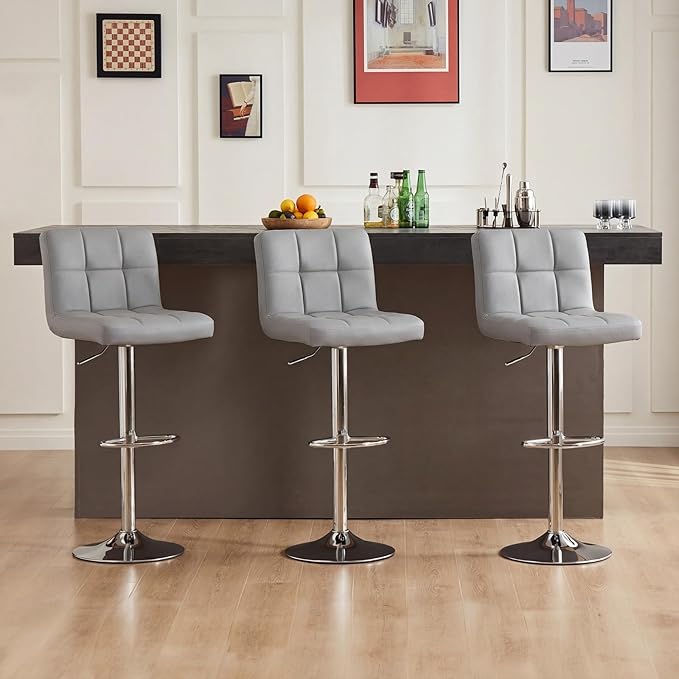DUMOS Bar Stools Set of 2, 24 inch Counter Height Bar Stools, Upholstered Modern Kitchen Barstools with Metal Base, PU Leather Saddle Stools for Kitchen Island, Grey