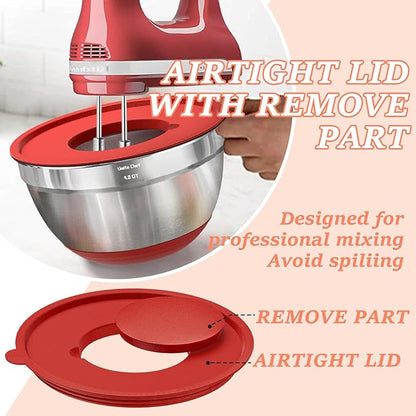 Umite Chef Mixing Bowls with Airtight Lids Set, 8PCS Stainless Steel Nesting Bowls Set, 3 Grater Attachments & Non-Slip Bottoms, Size 5, 4, 3.5, 2, 1.5QT for Baking & Mixing(Colorful)