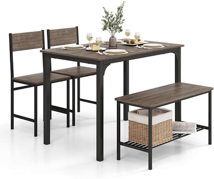 LDAILY Dining Table Set for 4, 4-Piece Wooden Kitchen Table and Chairs with Bench, Storage Rack & Metal Frame, Industrial Dining Room Table Set of 4 for Small Space, Apartment, Kitchen (Gray)