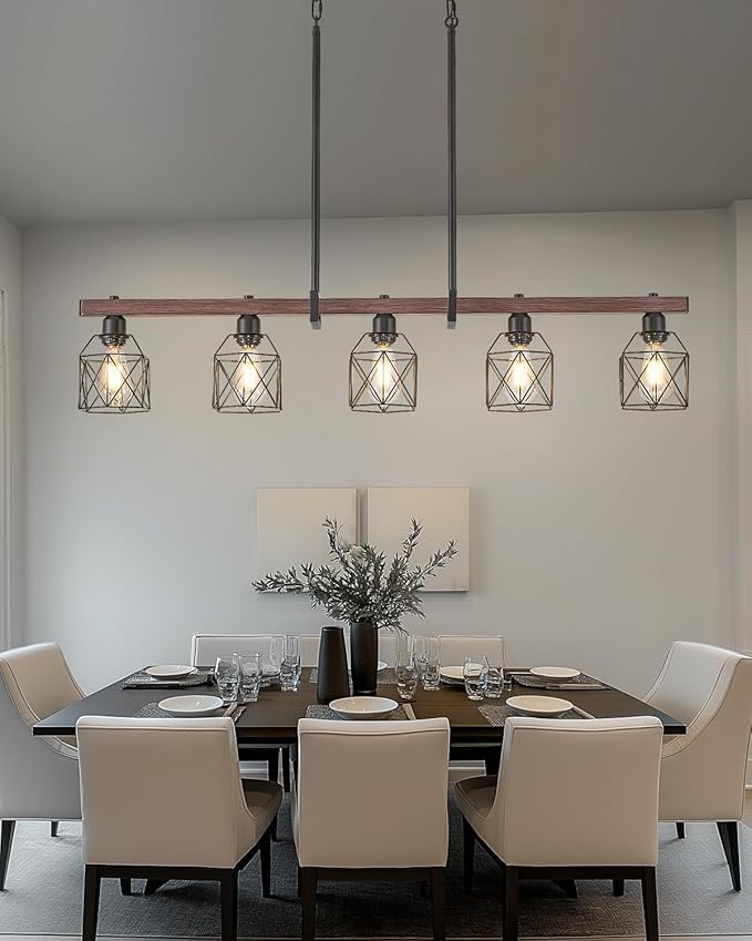 5-Light Industrial Kitchen Island Lighting with Wood Grain Bar and Black Metal Cage, Farmhouse Rustic Hanging Ceiling Lamp for Dining Room, Living Room