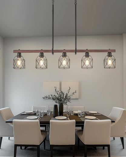 5-Light Industrial Kitchen Island Lighting with Wood Grain Bar and Black Metal Cage, Farmhouse Rustic Hanging Ceiling Lamp for Dining Room, Living Room