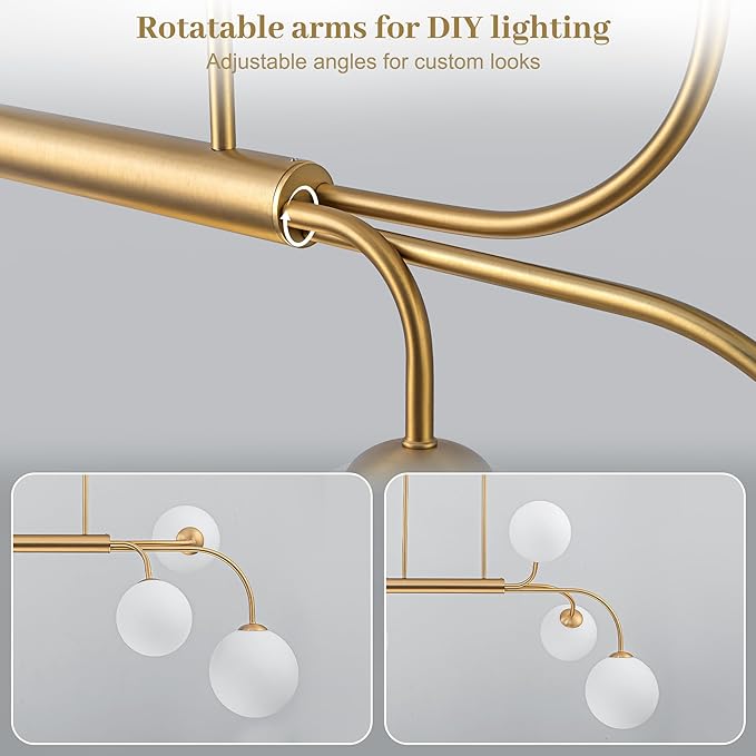 LamQee 41 Inch Mid Century Modern Linear Chandelier, 6 Lights Milk Glass Globe Chandeliers Light Fixture with Gold and White Ball, Large Pendant Lighting Ceiling Hanging for Dining Room Kitchen Island