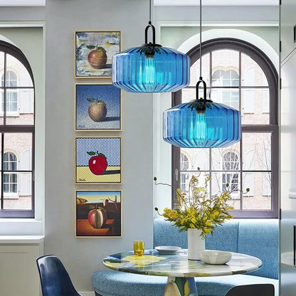 Large Modern Pendant Light Fixtures Dining Room Vintage Glass Ceiling Pendant Lighting Kitchen Sink Blue Hand Blown Glass Shade Black Finish Adjustable Cord Hanging Pendant Light