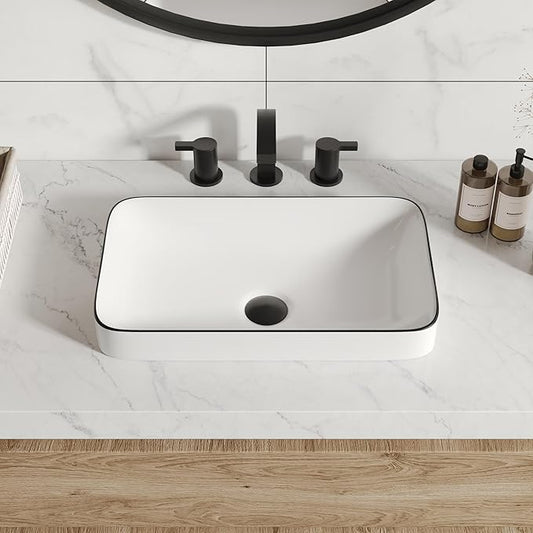 DeerValley 19x12 Inch White Semi Recessed Bathroom Vessel Sink with Black Rim, Ceramic Porcelain Rectangle Above Counter Vanity Sink Basin, DV-1V0235
