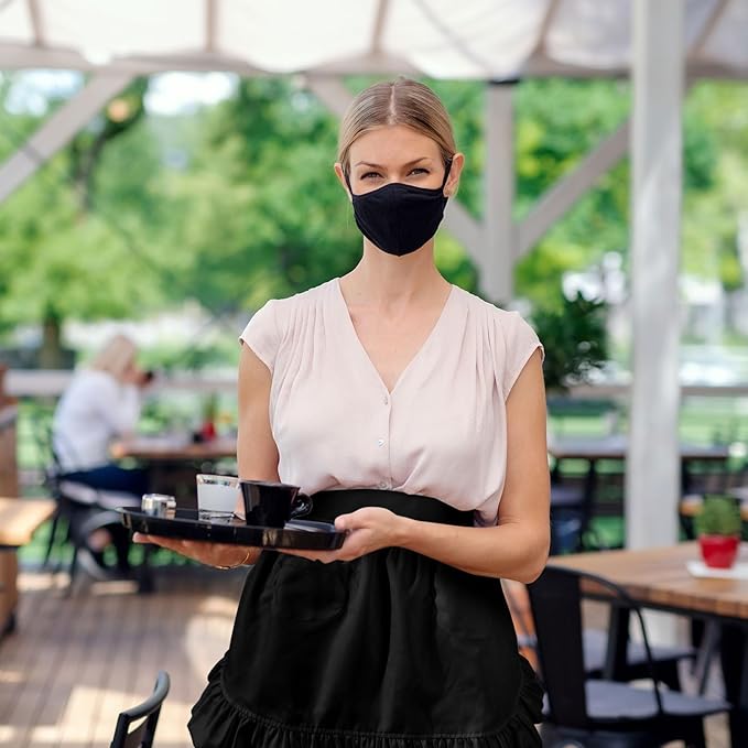 Geyoga Aprons for Women with Pockets Kitchen Cooking Waitress Maid Apron Vintage Skirt Cute Ruffle Dress Costume(Black,Waist Style)