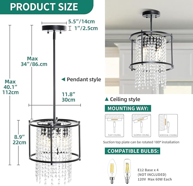 YITAHOME 4-Light Dining Room Crystal Light Fixture, 11.8 inch Round Farmhouse Chandelier Black Metal Pendant Light for Kitchen Island Dining Room Living Room