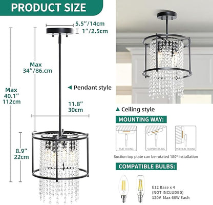 YITAHOME 4-Light Dining Room Crystal Light Fixture, 11.8 inch Round Farmhouse Chandelier Black Metal Pendant Light for Kitchen Island Dining Room Living Room