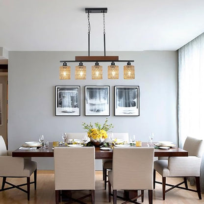 Rattan Farmhouse Chandeliers for Dining Room, Boho Kitchen Island Lighting, 5-Light Linear Chandelier Rectangle Pendant Lighting, Rustic Wood Chandeliers Black Hanging Light Fixtures for Living Room