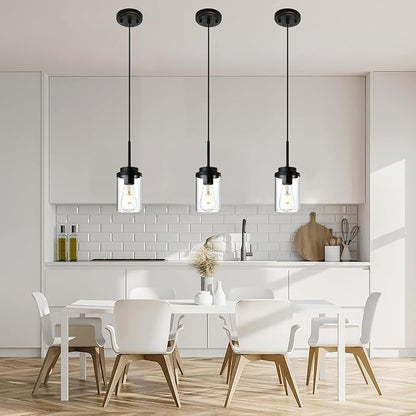 MELUCEE 3 Pack Hanging Pendant Lighting Fixtures Black, Adjustable Hanging Ceiling Lamp with Clear Glass Shade, Modern Pendant Light for Kitchen Island Dining Room Bedroom Hallway