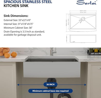 Sarlai 33 Farm Sink Stainless Steel - 33 x 22 Inch Farmhouse Kitchen Sink Ledge Workstation Apron Front Single Bowl 16 Gauge Stainless Steel Luxury Kitchen Farmer Sinks Basin