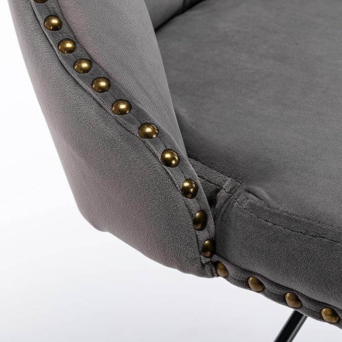 Swivel Velvet Bar Stools Set of 2, Adjustable Seat Height 25-33 Inch with Backs, Gray Upholstered Barstools with Tufted Back, Rivets, Ergonomic Waist Support, Chrome Base for Kitchen Island