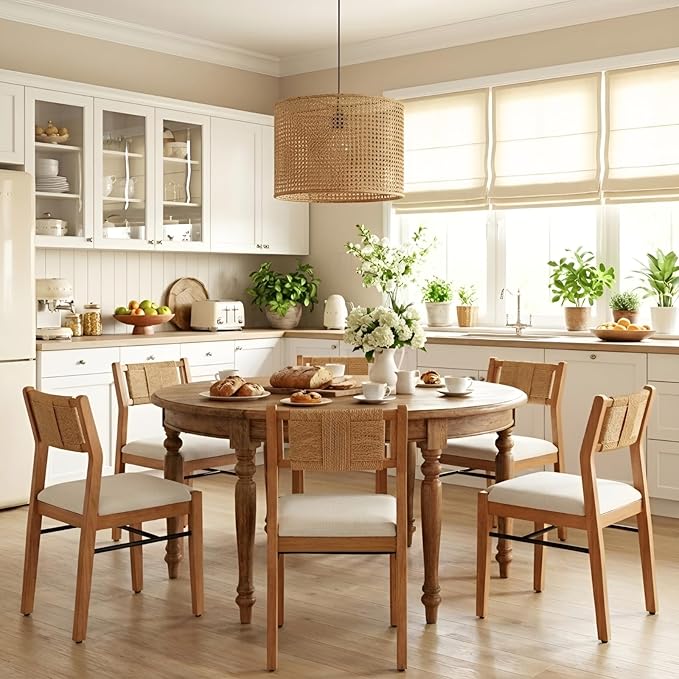RIVOVA Farmhouse Woven Dining Chairs Set of 6 with Weave Paper Rope Back, Beige Linen Upholstered Kitchen & Dining Room Chairs with Natural Wood Legs, Mid-Century Armless Kitchen Side Chair