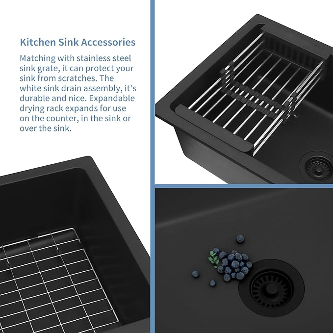Black Kitchen Sink, Matte Black Granite Composite Kitchen Sinks with Accessories, 30 Inch Undermount Quartz Stone Kitchen Sinks, 30" x 19" x 9" Large and Deep Single Bowl Kitchen Sinks