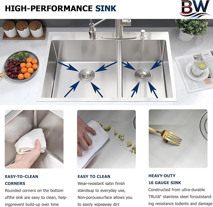 33x22 Inch Double Bowl Kitchen Sink Drop In - 16 Gauge Stainless Steel Top Mount Drop In Sink, 60/40 Split, Durable for Home Kitchen