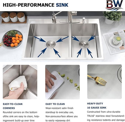 33x22 Inch Double Bowl Kitchen Sink Drop In - 16 Gauge Stainless Steel Top Mount Drop In Sink, 60/40 Split, Durable for Home Kitchen