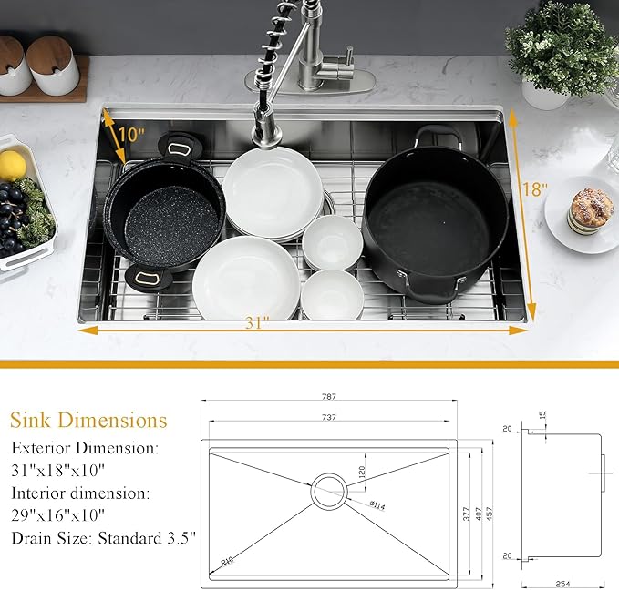 31 inch Undermount Kitchen Sink, 31x18 Inch Undermount Workstation Sink Single Bowl 16 Gauge 10 Inch Deep Handmade Stainless Steel Kitchen Sink with Cutting Board