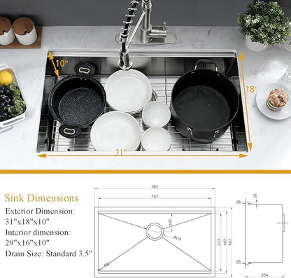 31 inch Undermount Kitchen Sink, 31x18 Inch Undermount Workstation Sink Single Bowl 16 Gauge 10 Inch Deep Handmade Stainless Steel Kitchen Sink with Cutting Board