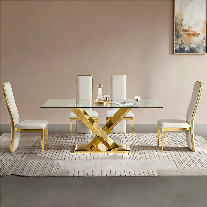 Modern 70" Gold Glass Dining Table for 6-8,Luxury Rectangular Kitchen Table with Clear Glass Desktop and Golden Mirrored Stainless Steel Legs,Large Kitchen Table for Dining Room Office(Only Table)
