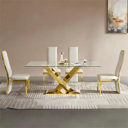 Modern 70" Gold Glass Dining Table for 6-8,Luxury Rectangular Kitchen Table with Clear Glass Desktop and Golden Mirrored Stainless Steel Legs,Large Kitchen Table for Dining Room Office(Only Table)