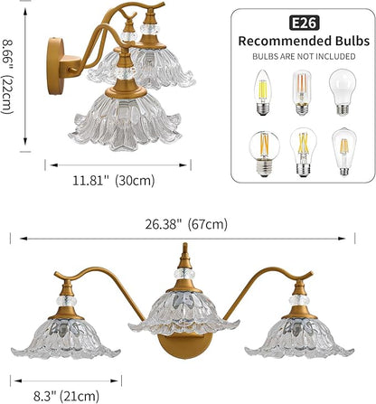Vintage Bathroom Vanity Light Fixtures - 3 Light Antique Brass Bathroom Lights Fixture Over Mirror with Clear Flower Glass,Retro Brushed Gold Bronze Wall-Mounted Vanity Lighting for Powder Room
