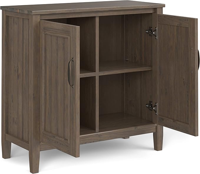 SIMPLIHOME Lev SOLID WOOD 32 Inch Wide Contemporary Low Storage Cabinet in Smoky Brown, For the Living Room, Entryway and Family Room