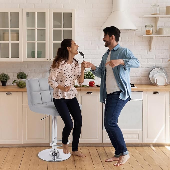 DUMOS Bar Stools Set of 2, 24 inch Counter Height Bar Stools, Upholstered Modern Kitchen Barstools with Metal Base, PU Leather Saddle Stools for Kitchen Island, Grey