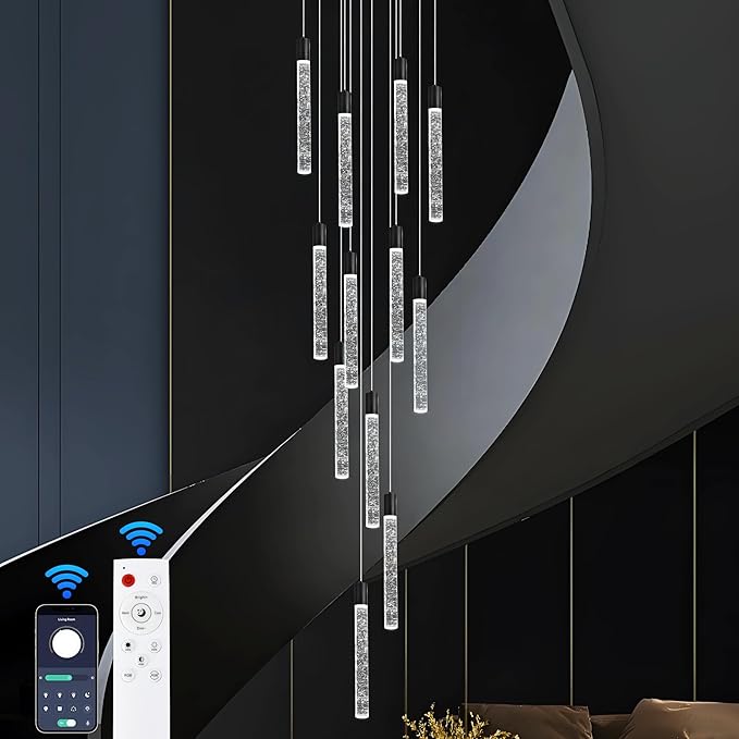 12-Lights Bubble Chandelier for Entryway High Ceiling-137 Height Adjustable Crystal Chandelier,3 Color Temperature Dimmable LED Pendant Light Fixture for Foyer Living Room Staircase,Matte Black