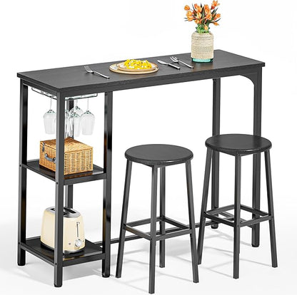 Qsun Small Bar Table Set for 2, Bar Table and Chairs Set for 2, Kitchen Table for 2 with 2 Storage Shelves & Wine Glass Holder, Dining Table for Small Apartment, Dining Room, Black