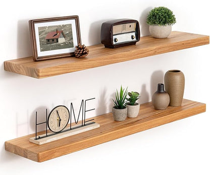 36 Inch Flat Edge Floating Shelves, 8 Inch Deep Solid Elm Wood Wall Shelf, Heavy-Duty Wall Mounted Shelf with Invisible Brackets for Living Room, Bathroom, Kitchen, Set of 2, Natural Color