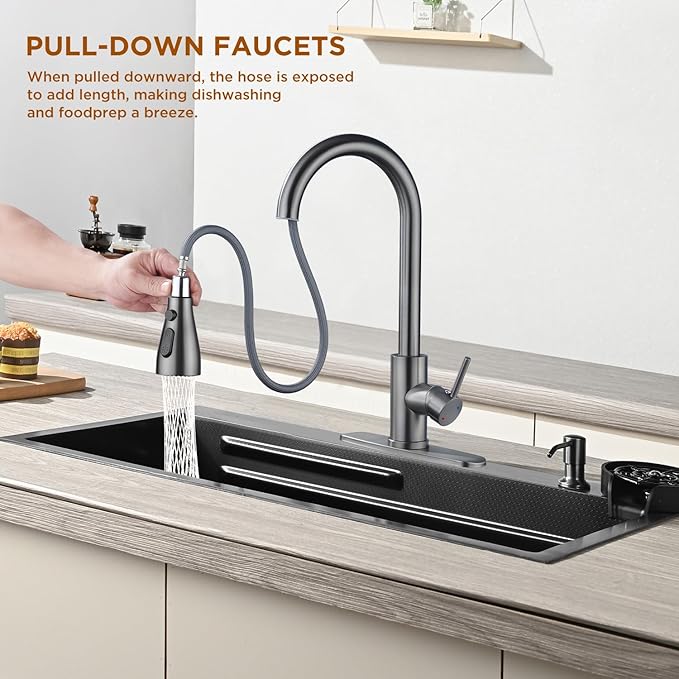 Kitchen Faucet with Pull Down Sprayer，Stainless Steel Single Handle Kitchen Faucet，1/3 Hole, Deck Plate Included，Suitable for farmhouses, Campers, Laundry Rooms, RVs, and Bars (Gun Gray)