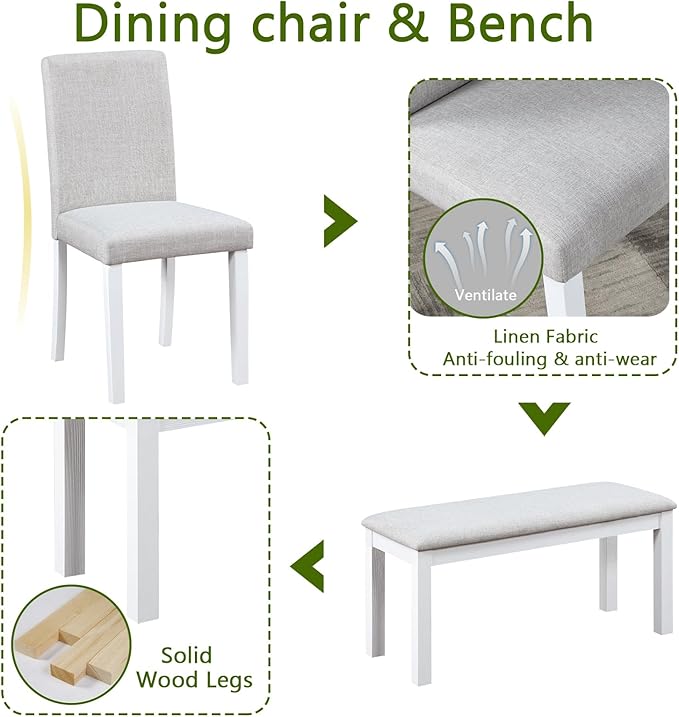 6 Piece Dining Table Set for 6, Rectangular Wooden Table with 4 Upholstered Chairs and 1 Bench, Elegant White Dining Room Set with Crystal Decoration