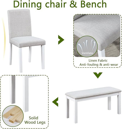 6 Piece Dining Table Set for 6, Rectangular Wooden Table with 4 Upholstered Chairs and 1 Bench, Elegant White Dining Room Set with Crystal Decoration