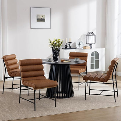 Modern Upholstered Dining Chairs Set of 6, Brown PU Leather Dining Room Chairs with Tufted Back & Cushion, Comfy Armless Kitchen Chairs with Black Metal Legs for Dinner Living Room