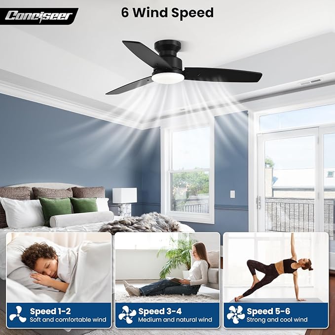 Conciseer 42 Inch Ceiling Fans with Lights and Remote, Bedroom Living Room Office, Flush Mount, 3CCT Dimmable, Dual Color 3 Blades, 6 Speed Reversible Quiet DC Motor, Black/Wood Grain, 2 Pack