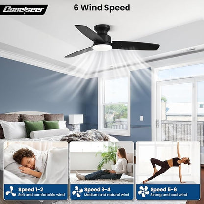 Conciseer 42 Inch Ceiling Fans with Lights and Remote, Bedroom Living Room Office, Flush Mount, 3CCT Dimmable, Dual Color 3 Blades, 6 Speed Reversible Quiet DC Motor, Black/Wood Grain, 2 Pack