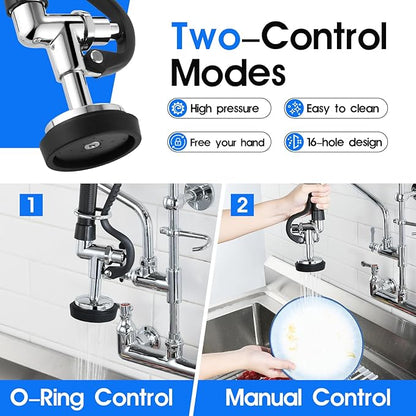 Commercial Kitchen Faucet with Pre-Rinse Sprayer 8 Inch Center Wall Mount Kitchen Sink Faucet with Pull Down Spray - 25" Height Compartment Sink Faucets with 12 Inches Add-On Spout