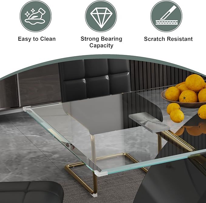 5-Piece Glass Dining Table Set, 63" White Kitchen Table with X-Shape MDF Base, Dining Room Set for 4 with 4 Leather Upholstered Chair for Kitchen, Dining Room (Black,Gold)