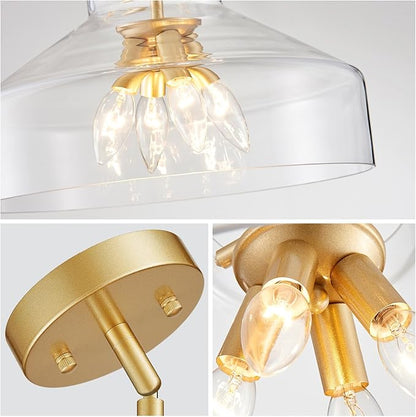WUZUPS Chandelier Rustic Farmhouse Industrial Round Ceiling Pendant LED Light Fixture with Clear Glass Shades for Dining Room Kitchen Island Foyer Entryway, H 11.8" W 15", E26 Base, Gold