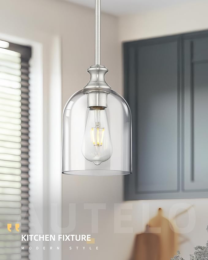 AUTELO 2 Pack Brushed Nickel Pendant Lights, Glass Pendant Lights Kitchen Island with Clear Cylinder Glass, Industrial Pendant Lighting with Adjustable Rods, H2511 CLST 2PK