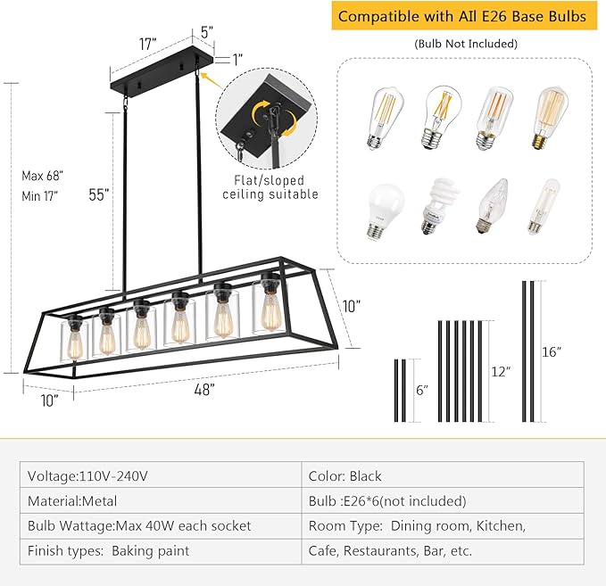 Rectangle Chandeliers for Dining Room | 6-Lights Black Dining Room Light Fixture with Clear Glass Shade | Apply to Kitchen Chandeliers Over Table