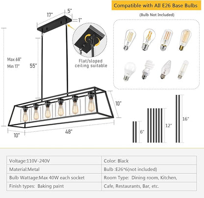 Rectangle Chandeliers for Dining Room | 6-Lights Black Dining Room Light Fixture with Clear Glass Shade | Apply to Kitchen Chandeliers Over Table