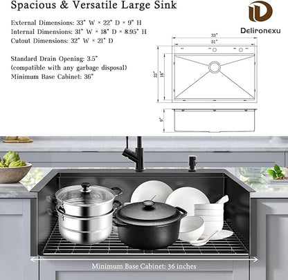 33x22 Black Drop In Kitchen Sink, Delironexu 16 Gauge 304 PVD Black Stainless Steel Single Bowl Top Mount Kitchen Sink, 33 Inch Black Kitchen Sink Workstation with 6 Accessories
