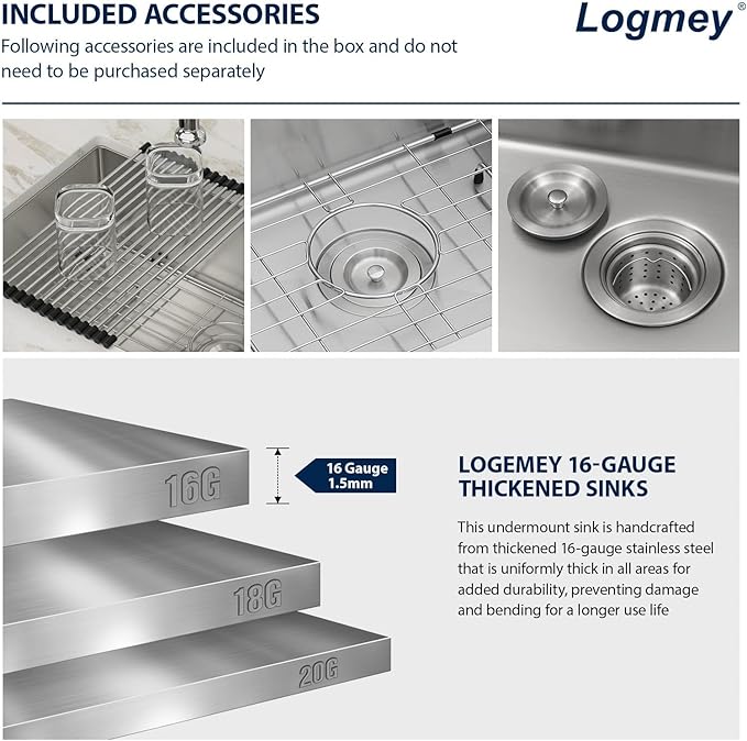 Logmey 28 Inch Undermount Kitchen Sink 28x18 Stainless Steel Sinks SUS304 16 Gauge Single Bowl deep kitchen Sinks Under Counter Handmade Sink 28x18x9