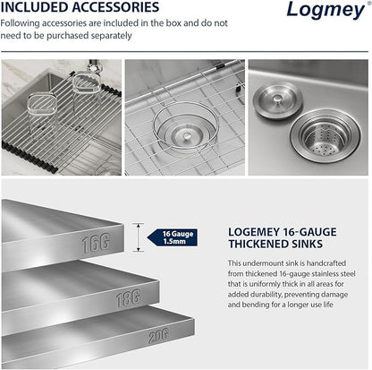 Logmey 28 Inch Undermount Kitchen Sink 28x18 Stainless Steel Sinks SUS304 16 Gauge Single Bowl deep kitchen Sinks Under Counter Handmade Sink 28x18x9